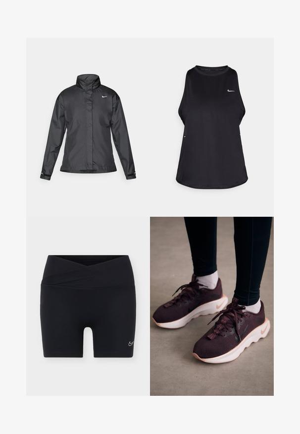 Zwarte windjack met een hoge kraag, volledige rits aan de voorkant en het Nike-logo op de borst; gemaakt van gladde, lichte stof.; Zwarte mouwloze hardlooptanktop van lichtgewicht materiaal met een ronde hals; heeft een subtiel logo en zijslits voor ventilatie.; Zwarte sportshorts met een gekruiste tailleband en klein wit Nike swoosh-logo op het linkerbeen tegen een effen achtergrond.; Bordeauxrode sportschoenen met een gewoven bovenwerk, witte zool en zwart Nike-logo. Voorzien van ronde veters en patroonvormige veterlussen.