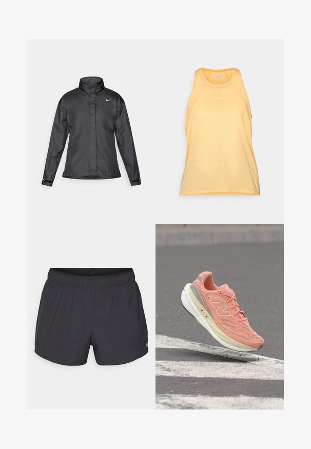 Čierna vetrovka s vysokým golierom, plným zipsom na prednej strane a logom Nike na hrudi; vyrobená z hladkej, ľahkej tkaniny.; Žltý športový tielko vyrobené z priedušného materiálu. Má okrúhly výstrih, bezrukávový dizajn a jemnú textúru. Zobrazené logo značky.; Čierne športové šortky vyrobené z priedušného materiálu s elastickým pásom, ktoré majú jemnú perforovanú textúru a malý logový akcent.; Svetloružová bežecká topánka New Balance s bielou podrážkou zachytená vo vzduchu nad sivou asfaltovou plochou s bielymi cestnými značeniami.