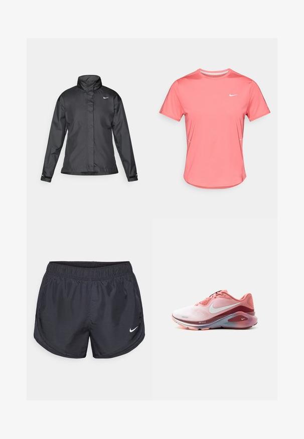 Sort vindjakke med høj krave, fuld lynlås foran og Nike-logo på brystet; lavet af glat, let vævning.; Pink Nike kortærmet sportst-shirt med rund hals, glat tekstur, hvidt logo på venstre bryst og reflekterende detaljer på siderne.; Sorte atletiske shorts med elastisk talje, lavet af letvægtsmateriale, med et lille hvidt Nike-logo nederst til venstre.; Pink og rød Nike løbesko med hvid swoosh-logo, polstret sål og mesh-overdel, vist fra siden på hvid baggrund.