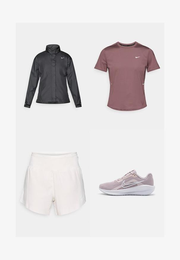 Zwarte windjack met een hoge kraag, volledige rits aan de voorkant en het Nike-logo op de borst; gemaakt van gladde, lichte stof.; Korte mouwen sport T-shirt in gedempte mauve stof met een gladde textuur. Voorzien van een klein wit Nike-logo op de borst en reflecterende accenten aan de zijkanten.; Witte atletiekshorts met hoge taille, een gladde tailleband en een subtiel logo op het linkeronderbeen, weergegeven tegen een effen achtergrond.; Lichtroze sportieve schoen met ademend mesh bovenwerk, witte accenten, een gevoerde schacht en een getextureerde rubberen zool voor grip.