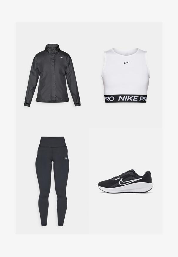 Musta tuulitakki, jossa on korkea kaulus, vetoketjullinen etuosa ja Nike-logo rinnassa; valmistettu sileästä ja kevyestä kankaasta.; Valkoinen urheilullinen lyhyt toppi, jossa on pyöreä kaula-aukko, hihaton muotoilu ja musta elastinen vyötärö, jossa on "NIKE PRO" -teksti.; Mustat korkeavyötäröiset urheiluleggingsit, joissa on tiukka muotoilu, sileä pinta ja pieni valkoinen logo vasemmassa lantiossa.; Musta urheilukenkä, jossa on verkkokiinnitys, valkoiset yksityiskohdat, pehmustettu pohja ja virtaviivainen muotoilu. Varustettu pyöreällä kärjellä ja litteällä pohjalla.