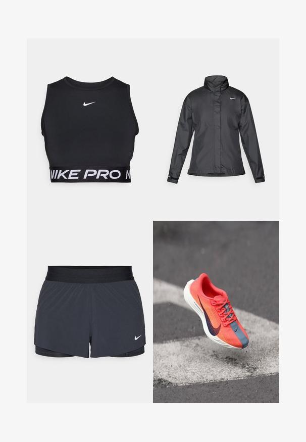 Černý větrový kabát s vysokým límcem, plným zipem vpředu a logem Nike na hrudi; vyrobený z hladké, lehké tkaniny.; Černá sportovní podprsenka s vysokým výstřihem a širokým pásem s nápisem "NIKE PRO" v bílé barvě. Vyrobena z hladkého a elastického materiálu. Logo Nike na hrudi.; Černé sportovní kraťasy s elastickým pasem, které mají vrstvený design a malé bílé logo Nike na dolním levém rohu. Lehce materiál.; Světlé oranžové a modré běžecké boty Nike ve vzduchu nad asfaltovou silnicí s bílými silničními značkami, ukazujícími detaily šňůrek a podrážky.