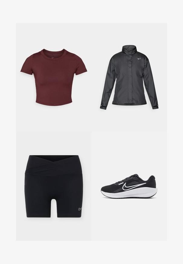 Chaqueta cortavientos negra con cuello alto, cierre frontal de cremallera completa y logo de Nike en el pecho; fabricada con un tejido suave y ligero.; Camiseta corta color burdeos hecha de una tela suave y elástica. Presenta mangas cortas y un cuello redondo, con un logo sutil en el pecho.; Pantalones cortos deportivos negros con cintura cruzada y pequeño logo blanco de Nike Swoosh en la pierna izquierda sobre un fondo liso.; Zapatilla deportiva negra con parte superior de malla, acentos blancos, suela acolchada y un diseño aerodinámico. Presenta una puntera redondeada y una suela plana.