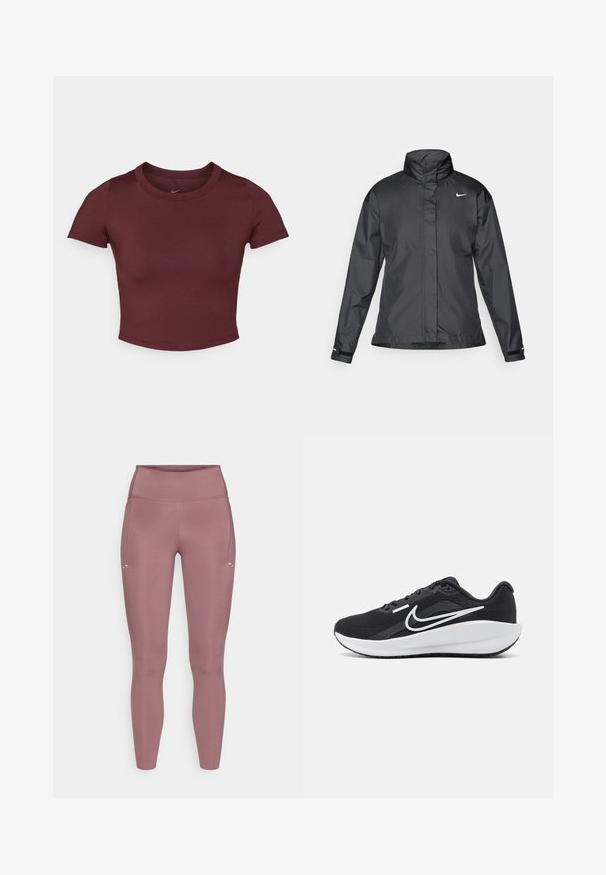 Chaqueta cortavientos negra con cuello alto, cierre frontal de cremallera completa y logo de Nike en el pecho; fabricada con un tejido suave y ligero.; Camiseta corta color burdeos hecha de una tela suave y elástica. Presenta mangas cortas y un cuello redondo, con un logo sutil en el pecho.; Leggings ajustados de cintura alta en color rosa apagado. Confeccionados con una tela suave y elástica, con bolsillo lateral y detalles de costuras mínimas.; Zapatilla deportiva negra con parte superior de malla, acentos blancos, suela acolchada y un diseño aerodinámico. Presenta una puntera redondeada y una suela plana.