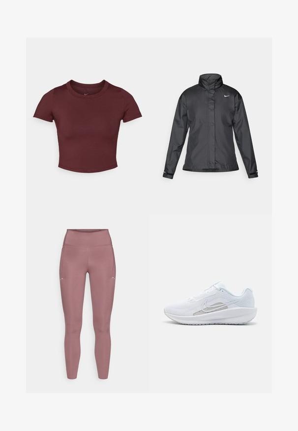 Schwarze Windjacke mit hochgeschlossenem Kragen, durchgehendem Reißverschluss und Nike-Logo auf der Brust; aus glattem, leichtem Material gefertigt.; Bordeauxfarbene kurze T-Shirt aus glattem Stretchstoff. Es hat kurze Ärmel und einen runden Ausschnitt, mit einem dezenten Logo auf der Brust.; Eng anliegende, hoch taillierte Leggings in gedämpftem Rosaton. Hergestellt aus glattem, elastischem Stoff mit seitlicher Tasche und minimalen Nahtdetails.; Weißer Sport Schuh mit Mesh-Obermaterial, abgerundeter Zehenpartie und strukturiertem Sohlenprofil. Mit einem silbernen Nike Swoosh und minimalistischem Design.