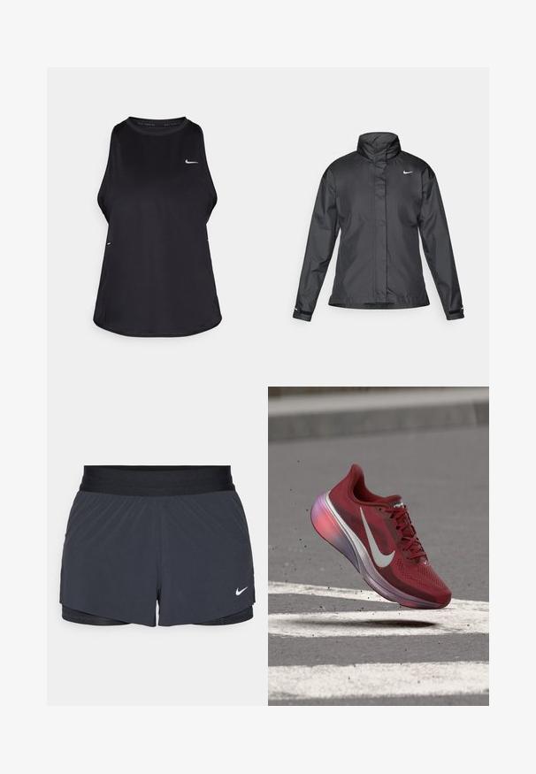 Svarte vindjakke med høy krage, full glidelås foran og Nike-logo på brystet; laget av glatt, lett materiale.; Svart ermeløs løpe-trøye laget av lett materiale med rund hals; har en subtil logo og sideslitser for pusteevne.; Sorte treningshorts med elastisk midjebånd, med lagdelt design og liten hvit Nike-logo på nederste venstre side. Lett materiale.; Rød Nike løpesko med hvit swoosh, svevende i luften over asfalt med hvite veimerkinger, små partikler flytende i nærheten.