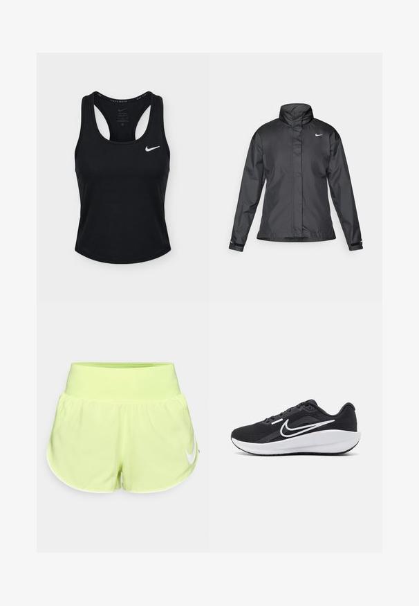 Chaqueta cortavientos negra con cuello alto, cierre frontal de cremallera completa y logo de Nike en el pecho; fabricada con un tejido suave y ligero.; Camiseta sin mangas negra para correr Nike Dri-FIT con espalda racer y logo blanco de Nike en el pecho izquierdo.; Pantalones cortos para correr de mujer Nike en un brillante color amarillo neón, con una textura suave, cintura elástica ancha y un acento de logo blanco en el lado izquierdo.; Zapatilla deportiva negra con parte superior de malla, acentos blancos, suela acolchada y un diseño aerodinámico. Presenta una puntera redondeada y una suela plana.