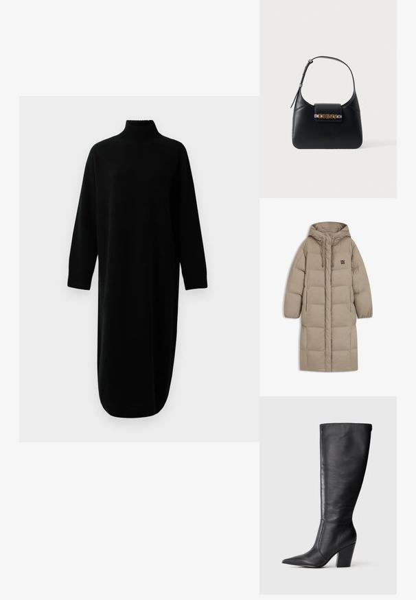 Beige pufferjakke med hætte, der har quiltet design, snøre detaljer og et lille sort logo på brystet. Lange, løse ærmer.; Sort langærmet turtleneck strikket midikjole med ribbede manchetter og kant, præsenteret mod en ensfarvet hvid baggrund.; Sort læderknehøj støvle med spids tå og kraftig høj hæl, vist i venstre sideprofil på hvid baggrund.; Sort læder skuldertaske med justerbar rem og gyldent DKNY-logo på forsiden mod en hvid baggrund.