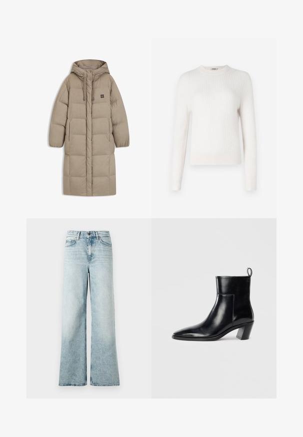 Manteau en duvet beige avec capuche, présentant un design matelassé, des accents à cordon de serrage et un petit logo noir sur la poitrine. Manches longues et amples.; Pull en tricot côtelé de couleur crème clair, avec des manches longues et un col rond. Texture douce et design ajusté avec des poignets et un ourlet contrastants.; Jean large bleu clair en denim, avec taille haute, ourlet court et une texture douce avec des détails décolorés.; Bottine en cuir noir avec un bout pointu, un talon empilé géométrique et une languette à l'arrière. Texture lisse et design épuré.