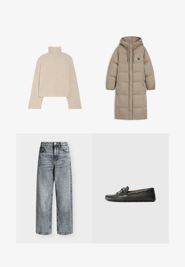 Beige pufferjas met een capuchon, voorzien van een gestikt ontwerp, koordaccenten en een klein zwart logo op de borst. Lange, losse mouwen.; Beige geribbelde coltrui met lange mouwen en een slimfit ontwerp, voorzien van een hoge kraag en een gestructureerd breipatroon.; Jeans met hoge taille en rechte pijpen in vervaagde grijze denim met voorzakken, riemlussen en een knoopsluiting.; Zwarte leren bootshoe met een ronde neus, gestikte details, een kleine strikaccent en een rubberen zool. Soepele textuur en gestroomlijnd ontwerp.
