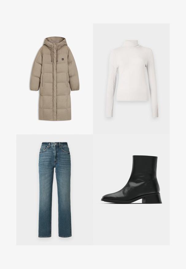 Manteau en duvet beige avec capuche, présentant un design matelassé, des accents à cordon de serrage et un petit logo noir sur la poitrine. Manches longues et amples.; Haut à col roulé à manches longues côtelé de couleur crème avec une silhouette ajustée sur un fond blanc uni.; Jean droit taille haute en denim bleu, avec un léger effet délavé, cinq poches et une fermeture par bouton.; Bottine noire en cuir brillant, au design épuré, avec un bout pointu et un petit talon bloc pour plus de stabilité.