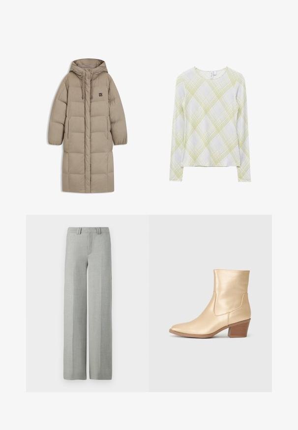 Beige Pufferjacke mit Kapuze, mit gestepptem Design, Kordelzug-Details und einem kleinen schwarzen Logo auf der Brust. Lange, lockere Ärmel.; Weißes Langarmshirt mit Rundhalsausschnitt, das ein Muster aus gelben und hellgrauen Kreuzlinien aufweist, die ein Rautengitterdesign bilden.; Graue, weit geschnittene Hosen aus leichtem Stoff, mit flachem Bund, Gürtelschlaufen und sauberen, maßgeschneiderten Linien ohne sichtbare Muster.; Goldene Leder-Ankelstiefel mit spitzer Zehenform, elegantem Design und strukturiertem Blockabsatz. Glatte Oberfläche mit seitlichen Nahtdetails.