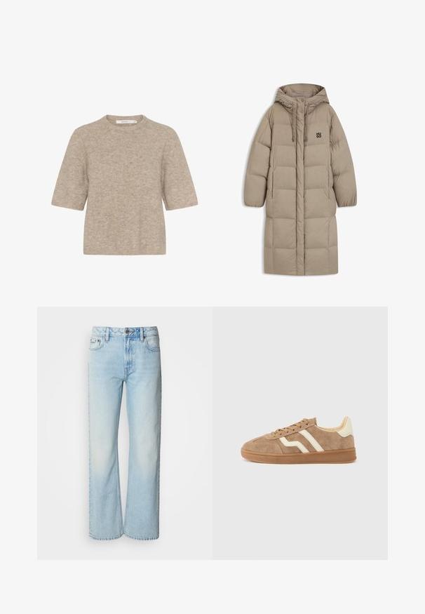 Beige pufferjas met een capuchon, voorzien van een gestikt ontwerp, koordaccenten en een klein zwart logo op de borst. Lange, losse mouwen.; Beige korte mouwen trui gemaakt van zachte brei-stof, met een ronde halslijn en een relaxte pasvorm. De textuur is licht verweven.; Lichtblauwe wijde jeans van denim, voorzien van een klassiek vijf-pocket ontwerp en een subtiele vervaagde textuur. Denimstiksels zijn zichtbaar.; Bruine suède sneaker met witte accentstrepen, ronde neus, beige binnenkant en rubberen buitenzool. Veters met textuur.