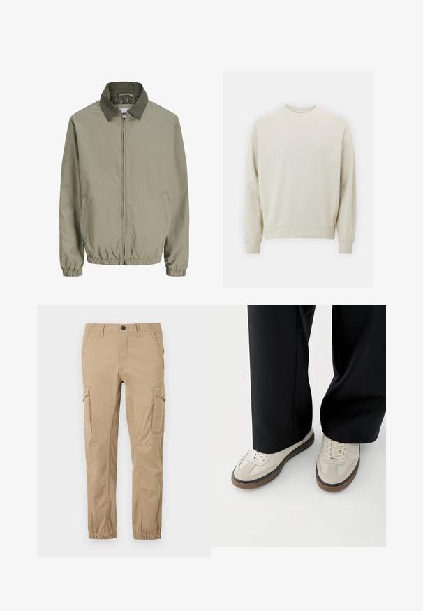 Veste beige clair zippée avec col vert foncé, poignets et ourlet élastiques, et poches en biais des deux côtés.; Sweatshirt beige clair en tissu doux avec un col rond, des manches longues et des poignets et un ourlet côtelés. Design minimaliste, sans motifs visibles.; Pantalon cargo beige avec poignets élastiques, poches à rabat sur les cuisses, poches latérales, et une fermeture à bouton à la taille.; Pieds portant des baskets beige avec des semelles marron et un pantalon noir à jambes larges sur fond blanc.