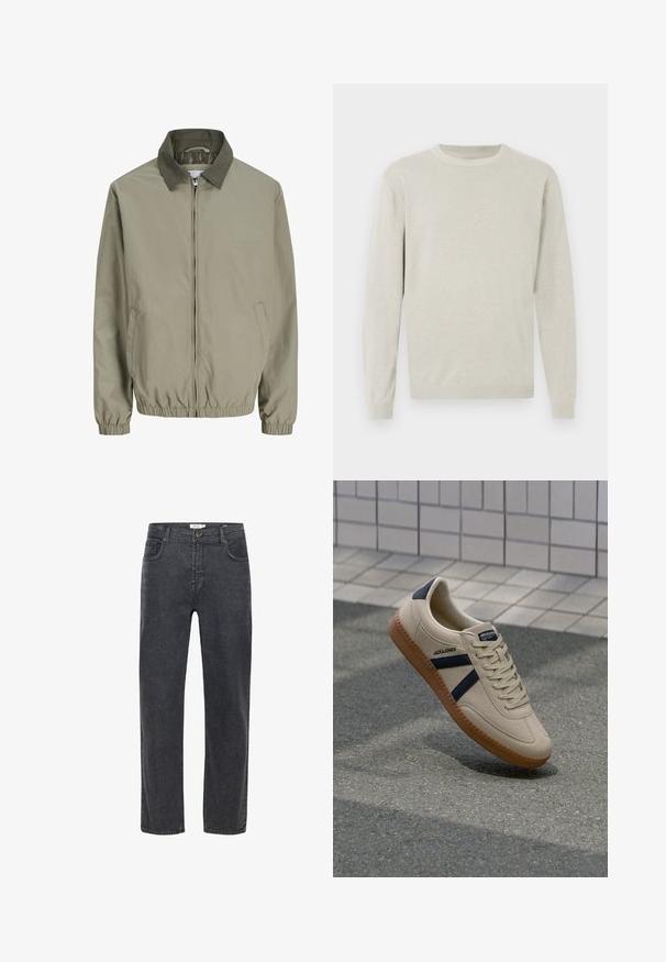 Veste beige clair zippée avec col vert foncé, poignets et ourlet élastiques, et poches en biais des deux côtés.; Pull gris clair en maille douce, avec un col rond, des manches longues et des poignets et ourlet côtelés. Design simple et sans ornement.; Jean en denim noir à coupe droite, fermeture par bouton et zip, poches avant et arrière, et passants de ceinture.; Baskets beiges avec une finition texturée, bandes navy et semelle en caoutchouc. Équipées d'une languette rembourrée et d'un système de laçage traditionnel pour un maintien sécurisé.