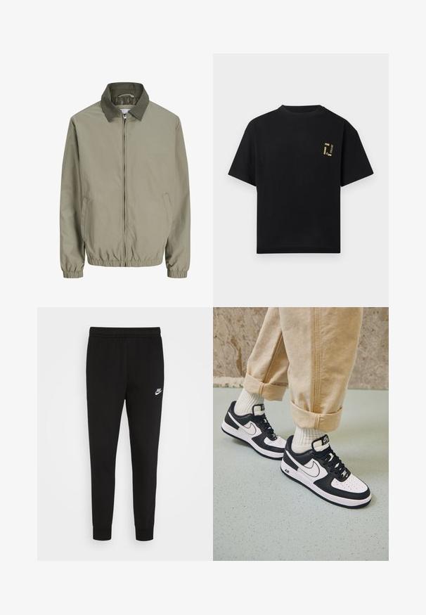 Lichtbeige jas met rits met een donkergroene kraag, elastische manchetten en zoom, en schuine zakken aan beide zijden.; Zwart T-shirt met korte mouwen en kleine gele tekst met de woorden "PINE," "HOTZEL," "SHORE" en "© 1990" op het bovenste gedeelte aan de linkerkant van de borst.; Zwarte sweatpants van zachte stof met een elastische tailleband en aansluitende boorden, voorzien van een klein wit Nike-logo op de linkerdij.; Zwart-witte Nike Air Force 1 sneakers met een leren bovenwerk, geperforeerde neus en gestructureerde zooldetails, gedragen met opgerolde beige broek en witte sokken.
