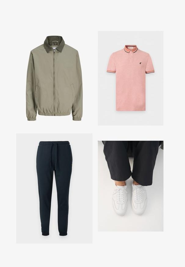 Lichtbeige jas met rits met een donkergroene kraag, elastische manchetten en zoom, en schuine zakken aan beide zijden.; Roze polo met korte mouwen, knoopkraag en zwart-wit gestreepte biezen op mouwen en kraag, met klein zwart vogel-logo op de borst.; Donkerblauwe joggingbroek van katoenmix, met een elastische tailleband met trekkoord en boorden bij de enkels. Klein geel logodetail.; Witte leren sneakers met een gladde textuur, ronde neus en klassiek vetersysteem, gepositioneerd boven donkere, losse broeken.
