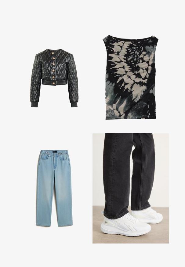 Sort quiltet lædercropped jakke med lange ærmer, ribbede manchetter og kant samt seks guldfarvede knapper foran.; Ærmeløs top i sort og creme med tie-dye-mønster, draperet halsudskæring og tekstureret stof, med diagonal ruching og varierende mønstre.; Vans CINCHED CHECK - Baggy jeans - light stonewash; Hvide sneakers med et tekstureret design, der har en lys grøn accent, båret med mørke jeans. Skoene har en let sål og snører.