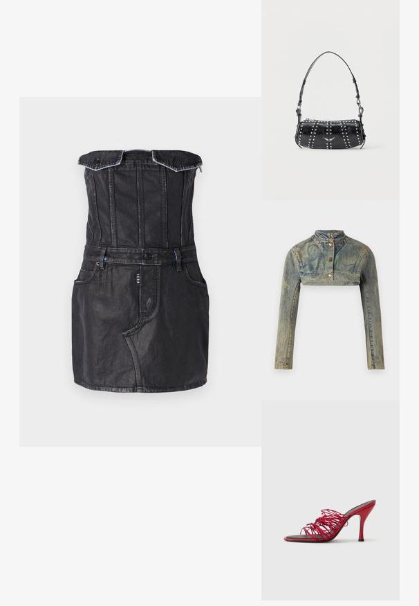 Paolina Russo Cowboyjakker - sand; Sort denimkjole med tætsiddende liv, off-the-shoulder design, forlommer og kontraststing. Glat tekstur med en let glans.; NEOUS AURIGA - Mules med hæl - red; Sort skuldertaske i laklæder med sølvnitter i lodrette rækker og et lille sølvfugleemblem midt på fronten.