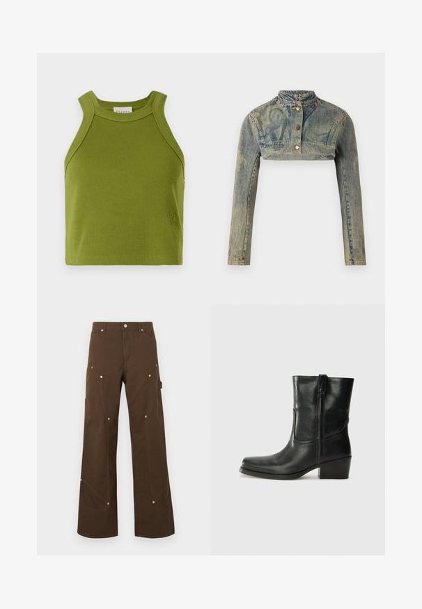 Paolina Russo Teksajakk - sand; CLOSED CROPPED RACER TANK - Topp - pistachio green; Pruunid sirge lõikega püksid esipandlate ja küljetaskutega, hõbedaste naeltega, vööaasadega ning nööpiga kinnitusega valgel taustal.; Musta nahast pahkluu saabas ümarate varvastega, plokknäppu, külgsepa ja pealsetel õmblusest aktsentidega. Sile tekstuur, klassikaline disain.
