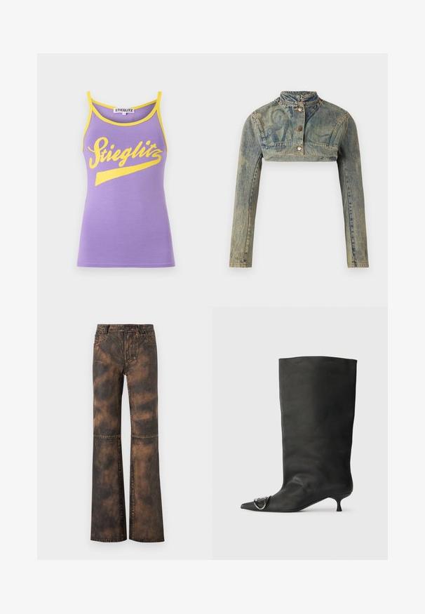 Paolina Russo Cowboyjakker - sand; Lilla tanktop med gul trim, prydet med et stort hvidt kursiv "Stieglitz" logo. Blødt bommateriale, slank pasform.; Brune denim bukser med vidde og en falmet, struktureret finish. Har fem lommer, bæltestropper og knaplukning. Flade sømme og vide ben.; Sort læder ankelstøvle med spidse tå, lille hæl og metallisk detalje på tæerne. Glat, mat overflade hele vejen igennem.