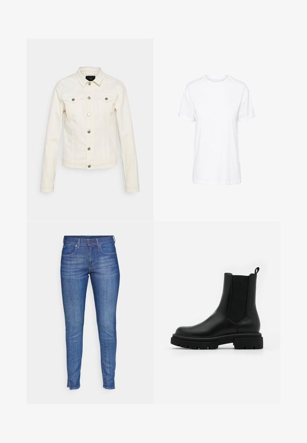 Veste en denim crème clair avec un col classique, deux poches poitrine, des boutons pression en argent et une silhouette légèrement cintrée.; T-shirt en coton blanc avec des manches courtes, un col rond et une coupe décontractée, offrant une texture lisse et sans motifs visibles.; Jean en denim bleu slim fit avec cinq poches, ourlet fini et délicat délavage. Fabriqué en coton avec une légère élasticité pour le confort.; Des bottes Chelsea noires en cuir présentent une surface lisse, des panneaux latéraux élastiques, une languette et une semelle en caoutchouc épaisse avec un motif texturé.