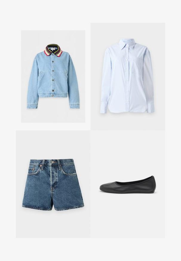 Lichtblauwe spijkerjas met knopen aan de voorkant en een kleurrijke gehaakte kraag in rood, wit, groen en geel.; Lichtblauw overhemd van katoen met een puntige kraag, lange mouwen, een borstzak en een rechte zoom.; Denim shorts in medium blue met een hoge taille, vijf zakken, contrasterende stiksels en een metalen knoopsluiting. Textuurstof met een lichte vervaging.; Zwarte leren ballerina met een ronde neus, gladde textuur, minimale stikdetails en een flexibele zoolontwerp.