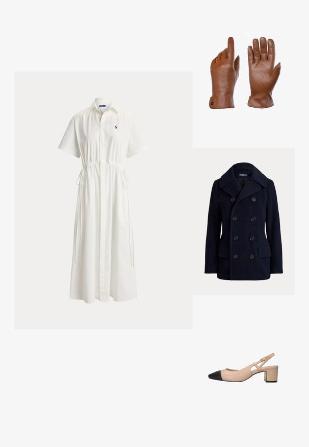 Marineblauwe double-breasted pea coat met brede kraag, zes zwarte knopen en twee voorzakken met klep.; Witte midi-jurk met korte mouwen, kraag, knoopsluiting aan de voorkant, verstelbare taillekoorden en klein geborduurd logo op de borst.; Slingback hak in lichtroze leer met een puntige zwarte neus, een gestructureerde band en een vierkante blokhak voor stabiliteit.; Bruine leren handschoenen met een gladde textuur, voorzien van een anatomisch ontwerp, gebogen vingers en een klein knoopdetail bij de pols.
