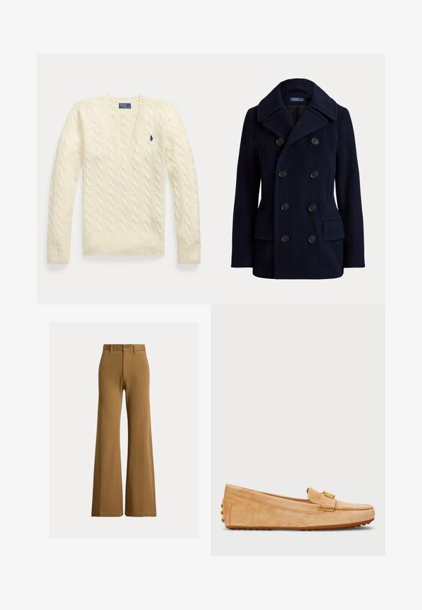 Marineblauwe double-breasted pea coat met brede kraag, zes zwarte knopen en twee voorzakken met klep.; Crème kabelgebreide trui met lange mouwen, V-hals en klein donkerblauw geborduurd logo op de linkerborst.; Bruine broek met hoge taille en wijde pijpen, met riemlussen, een knoop aan de voorkant en ritssluiting tegen een lichte achtergrond.; Tan suède instapschoenen met een ronde neus, voorzien van een goudkleurige accentriem en een rubberen zool met noppen voor extra grip. Gladde textuur.