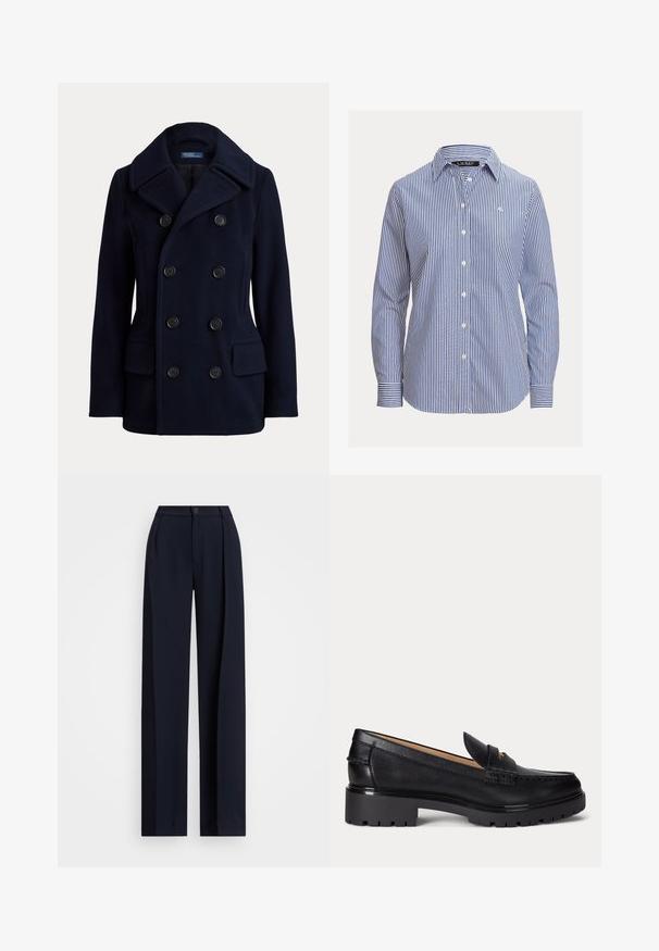 Abrigo pea de color azul marino de doble botonadura con cuello ancho, seis botones negros y dos bolsillos delanteros con solapa.; Camisa de mujer de manga larga con rayas verticales azules y blancas, cuello puntiagudo y pequeño logo bordado en el pecho.; Pantalones de pierna ancha en color marino con pliegues, cierre de botón y una textura de tela suave. Diseñados para un ajuste suelto y cómodo.; Mocasín de cuero negro con suela gruesa y con relieve, tacón bajo y tira decorativa en la parte delantera.
