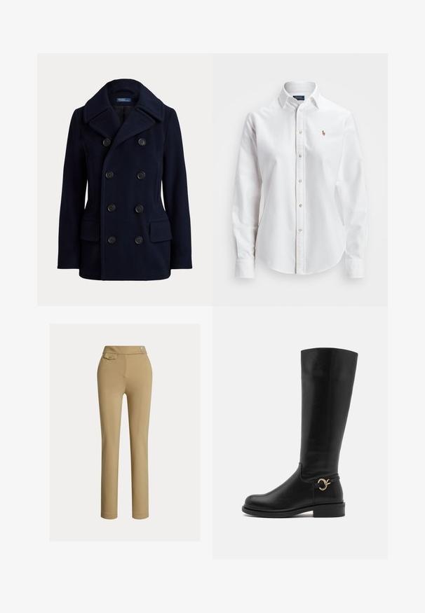 Marineblauer doppelt geknöpfter Pea Coat mit weitem Kragen, sechs schwarzen Knöpfen und zwei vorderen Pattentaschen.; Weißes Langarm-Hemd aus Baumwolle mit klassischen Kragen und kleinem gesticktem Logo auf der Brust.; Beige Maßhose mit glatter Textur, hoher Taille, zwei dekorativen Knöpfen und einer einzelnen Gesäßtasche. Gerade Beinform.; Anna Field Wide Fit by Zalando Stiefel - black