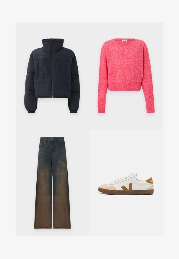 Sort cropped pufferjakke med høj krave, frontlynlås, elastiske manchetter og quiltede store prægede bogstaver "FLU" på brystet.; Langærmet, rundhalset, pink struktureret strikket sweater med en let kortere pasform på en ensartet hvid baggrund.; Bredde ben jeans i mørk denim med en gradientfade fra mørk til lys brun, med et klassisk fem-lomme design og metalknaplukning.; Veja VOLLEY - Sneakers - white/tent/bark