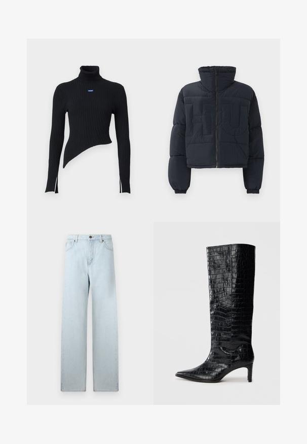 Sort cropped pufferjakke med høj krave, frontlynlås, elastiske manchetter og quiltede store prægede bogstaver "FLU" på brystet.; Sort ribbet turtleneck sweater med asymmetrisk kant og sidesplitter. Har et lille blåt logo på brystet. Fremstillet af blødt materiale.; Lyseblå vid jeans med høj talje, forlommer og knaplukning. Glat denimtekstur, minimal falmning, lige ben-design.; Sorte knæhøje støvler med en blank, krokodillemønstret tekstur, spids tå og en affaset hæl. Glat syntetisk materiale.