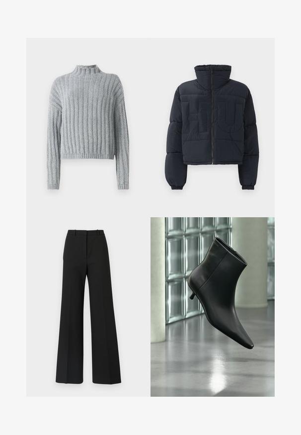 Zwarte cropped pufferjack met hoge kraag, rits aan de voorkant, elastische manchetten en grote gequilte reliëfletters "FLU" op de borst.; Lichtgrijze chunky gebreide trui met geribd patroon, hoge hals, lange mouwen en een iets cropped pasvorm.; Zwarte wijde broek met een op maat gemaakt ontwerp, kenmerkend door een soepele textuur en subtiele plooien aan de voorkant. Geen zichtbare hardware of patronen.; Zwarte leren enkellaars met spits toelopende neus en lage kittenhak, schuin weergegeven tegen een gepolijste vloer en een glazen blokken muur als achtergrond.