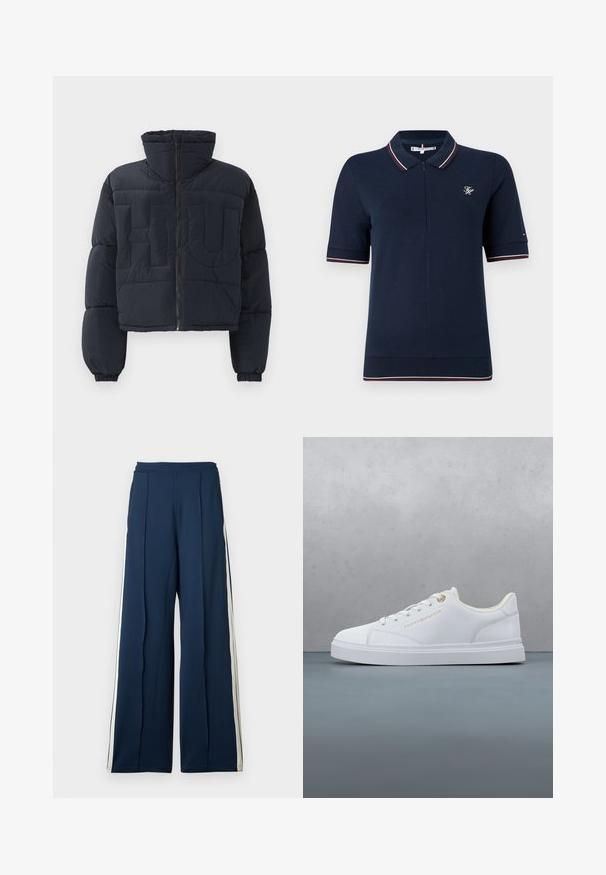 Sort cropped pufferjakke med høj krave, frontlynlås, elastiske manchetter og quiltede store prægede bogstaver "FLU" på brystet.; Marineblå polo med lynlåssøm, korte ærmer og kontrasterende stribede detaljer i rød og hvid på kraven og ærmerne.; Bredde ben bukser i mørk marinestof med sidelister i creme. Har en høj talje og plisserede detaljer for ekstra struktur.; Hvid lavt snørestøvle med snørebånd, guld øjennål og branding, svævende over trægulv med udendørs grønt baggrund.