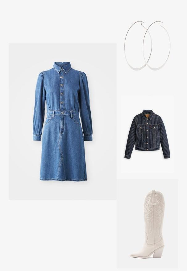 Blå denimjakke med hvide lodrette striber, knapfront, to brystlommer og en krave. Syninger synlige langs sømmene.; Denim kjole med knaplukning foran, krave og lange puffærmer. Har en tætsiddende talje, to sidelommer og en klokkeformet nederdel.; Hvide læder cowboystøvler med spidse tæer og blokhæle. Har intrikate syninger på skaftet og en glat tekstur.; Sølv hoops øreringe med et tyndt, glat design; langstrakt oval form; poleret finish; har en sikker krog lukning.