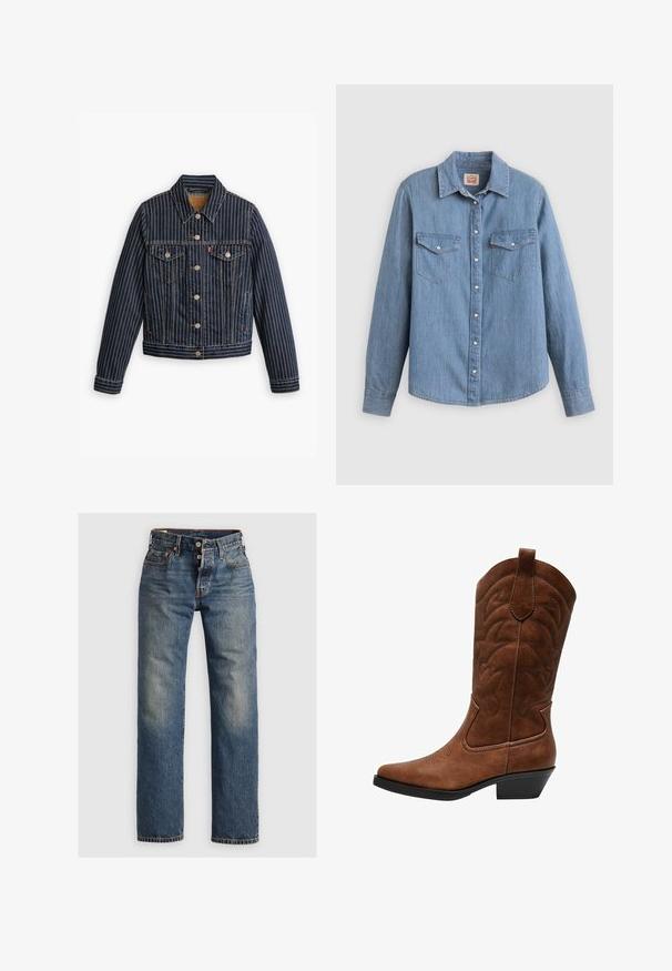 Blå denimjakke med hvide lodrette striber, knapfront, to brystlommer og en krave. Syninger synlige langs sømmene.; Lyseblå denimskjorte med lange ærmer, knapper foran, to brystlommer og klassisk krave. Glat tekstur og afslappet pasform.; Blå denimjeans med lige ben, der har synlige sømme, en lynlås, og fem lommer. Udsatte områder tilføjer tekstur.; ONLY SHOES by Zalando ONLBRONCO-1 - Cowboy- / bikerstøvler - brown stone