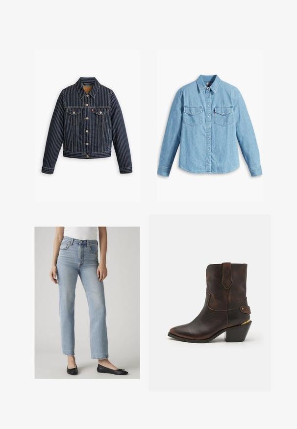 Blå denimjakke med hvide lodrette striber, knapfront, to brystlommer og en krave. Syninger synlige langs sømmene.; Lyseblå denimskjorte med lange ærmer, spidse krave, to brystlommer, knaplukning og subtil tekstur. Ingen synlige mønstre.; Kvinde iført lyseblå jeans med høj talje og lige ben samt sorte balletsko, stående mod en ensfarvet lys baggrund.; Brune læder cowboystøvle med spids tå og stablet hæl. Har et dekorativt diamantmønster og en rem med hardware-detajle.