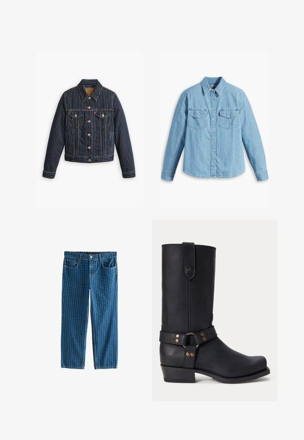 Blå denimjakke med hvide lodrette striber, knapfront, to brystlommer og en krave. Syninger synlige langs sømmene.; Lyseblå denimskjorte med lange ærmer, spidse krave, to brystlommer, knaplukning og subtil tekstur. Ingen synlige mønstre.; Blå denim jeans med et ternet mønster. Har fem lommer, lynlås og en standard bæltestrop. Løs pasform, lige ben.; Sort læder mellemhøje støvler med lav hæl, rund tå og dekorativ rem med metalnitter og ring omkring anklen.