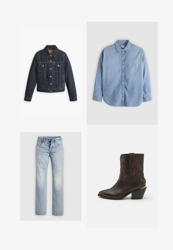 Blå denimjakke med hvide lodrette striber, knapfront, to brystlommer og en krave. Syninger synlige langs sømmene.; Lyseblå denimskjorte med button-down-krave, forlompe og lange ærmer. Har en buet kant og en subtil tekstur.; Lysblå denim jeans med lige ben, fem-knap lukning og baglommer med diskret stikning.; Brune læder cowboystøvle med spids tå og stablet hæl. Har et dekorativt diamantmønster og en rem med hardware-detajle.
