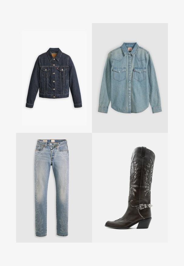 Veste en denim bleu avec des rayures verticales blanches, fermé par des boutons, deux poches poitrine et un col. Couture visible le long des coutures.; Chemise en denim bleu clair à manches longues, boutons-pression, col pointu et deux poches à rabat devant sur un fond clair.; Jean en denim bleu clair à taille haute, jambe droite et motifs décoratifs de perles le long des coutures extérieures. Design à cinq poches et boutons.; Botte de cowboy en cuir noir avec découpes décoratives, boucle argentée et talon incliné, présentée sur fond blanc.