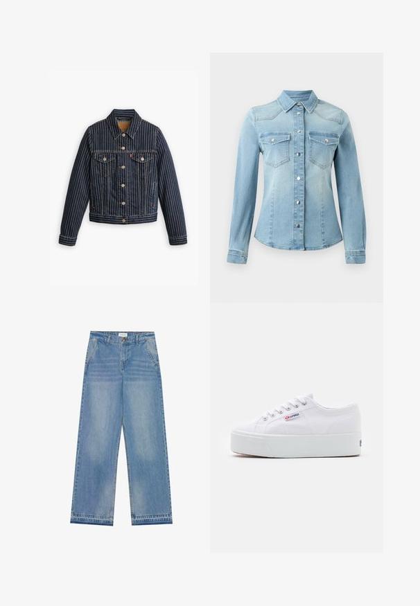 Blauwe denimjack met witte verticale strepen, knoopsluiting aan de voorkant, twee borstzakken en een kraag. Stiksels zichtbaar langs de naden.; JDY JDYMOON SHIRT - Overhemdblouse - medium blue denim; Lichtblauwe hoge taille wijde jeans met een knoopsluiting, voorzakken, riemlussen en subtiele vervaagde details.; Witte canvas sneaker met een dikke witte platformzool, ronde neus en metalen oogjes voor veters. Merkl logo aan de zijkant weergegeven.