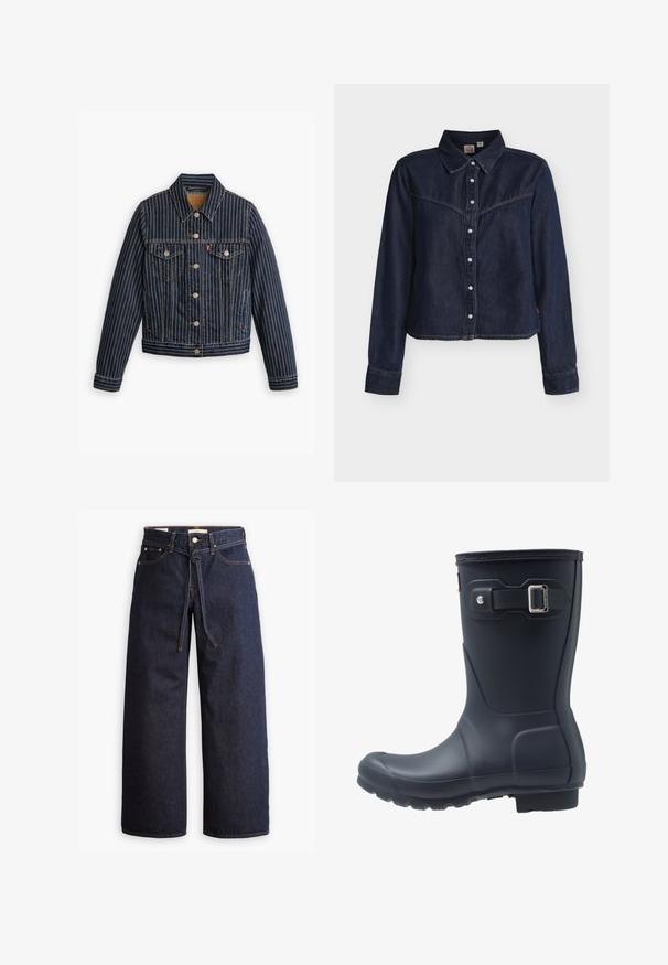Blå denimjakke med hvide lodrette striber, knapfront, to brystlommer og en krave. Syninger synlige langs sømmene.; Mørkeblå denimskjorte med lange ærmer og trykknapper, vestlig stil yoke, spids krave og lige kant mod hvid baggrund.; Bredde ben mørkeblå denim jeans med høj talje, der har snoretræk, fem lommer og kontrastsyet detaljer.; Sort gummistøvle med rund tå, struktureret sål og justerbar remdetalje. Glat overflade med mat finish.