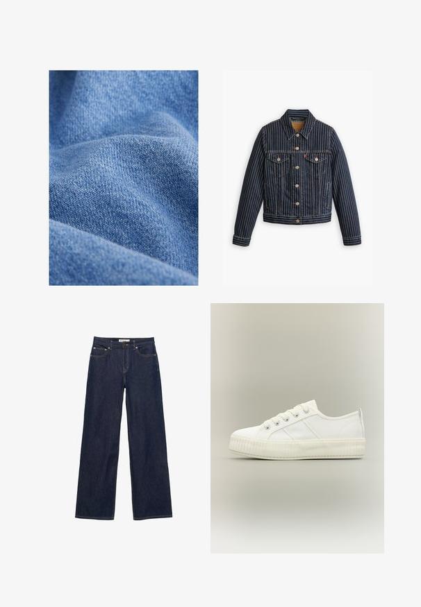 Veste en denim bleu avec des rayures verticales blanches, fermé par des boutons, deux poches poitrine et un col. Couture visible le long des coutures.; Tissu en denim bleu avec une texture douce, présentant un motif de tissage serré et des variations subtiles de teinte. Aspect froissé avec des plis.; Jean en denim bleu foncé avec des jambes larges et droites, poches avant et fermeture par bouton et fermeture éclair.; Baskets basses blanches avec semelle épaisse côtelée, lacets à l'avant et languette à l'arrière sur fond neutre.