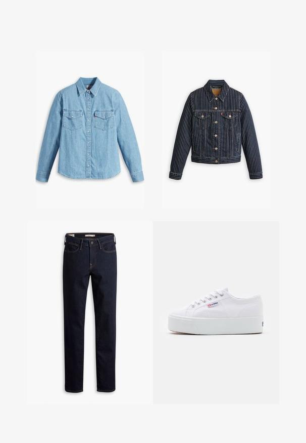 Blaue Jeansjacke mit weißen vertikalen Streifen, Knopfverschluss, zwei Brusttaschen und einem Kragen. Nähte sichtbar entlang der Säume.; Helles blaues Denimhemd mit langen Ärmeln, spitzem Kragen, zwei Brusttaschen, Knopfleiste und subtiler Struktur. Keine sichtbaren Muster.; Dunkelblaue gerade Schnitt Jeans mit Knopf- und Reißverschluss, Vorder- und Hintertaschen sowie kontrastierenden Nähten.; Weiße Leinenschuhe mit einer dicken weißen Plattformsohle, runder Zehenpartie und Metallösen für die Schnürsenkel. Markenlogo an der Seite angebracht.
