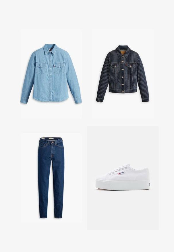 Blå denimjakke med hvide lodrette striber, knapfront, to brystlommer og en krave. Syninger synlige langs sømmene.; Lyseblå denimskjorte med lange ærmer, spidse krave, to brystlommer, knaplukning og subtil tekstur. Ingen synlige mønstre.; Mørkeblå denimjeans med høj talje, lige ben, en enkelt knappelukning og kontrastfarvet orange syning. Minimalistisk design, uden udsmykninger.; Hvide canvas sneakers med en tyk hvid platformssål, rund tå og metaløjelets til snørebånd. Mærkets logo præsenteret på siden.