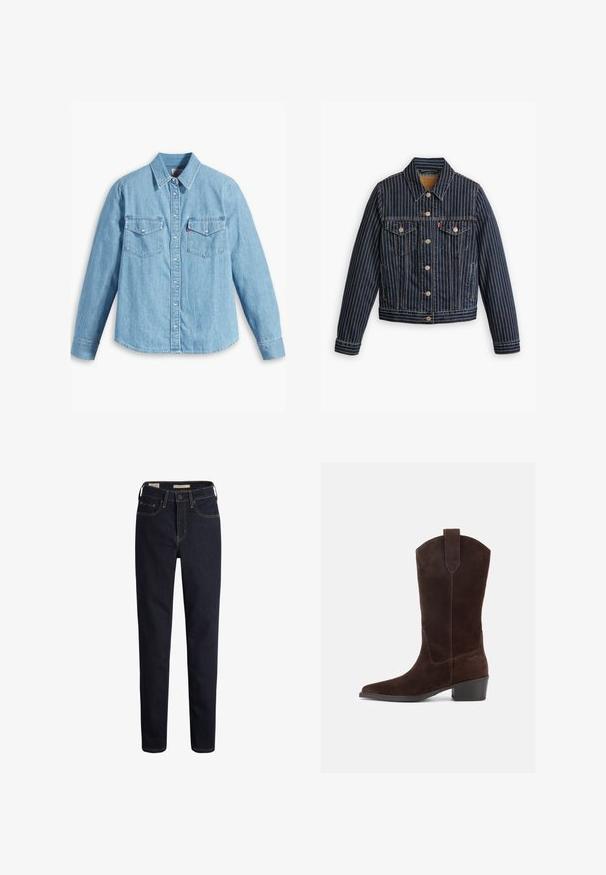 Blauwe denimjack met witte verticale strepen, knoopsluiting aan de voorkant, twee borstzakken en een kraag. Stiksels zichtbaar langs de naden.; Lichtblauwe spijker blouse met lange mouwen, puntige kraag, twee borstzakken, knoopsluiting en subtiele textuur. Geen zichtbare patronen.; Donkerblauwe denim jeans met een rechte pasvorm, voorzien van voorzakken, een ritssluiting en contrasterende goudgele stikdetails.; Donkerbruine suède Westernlaars halverwege de kuit met puntige neus, blokhak en trekkoord op een witte achtergrond.