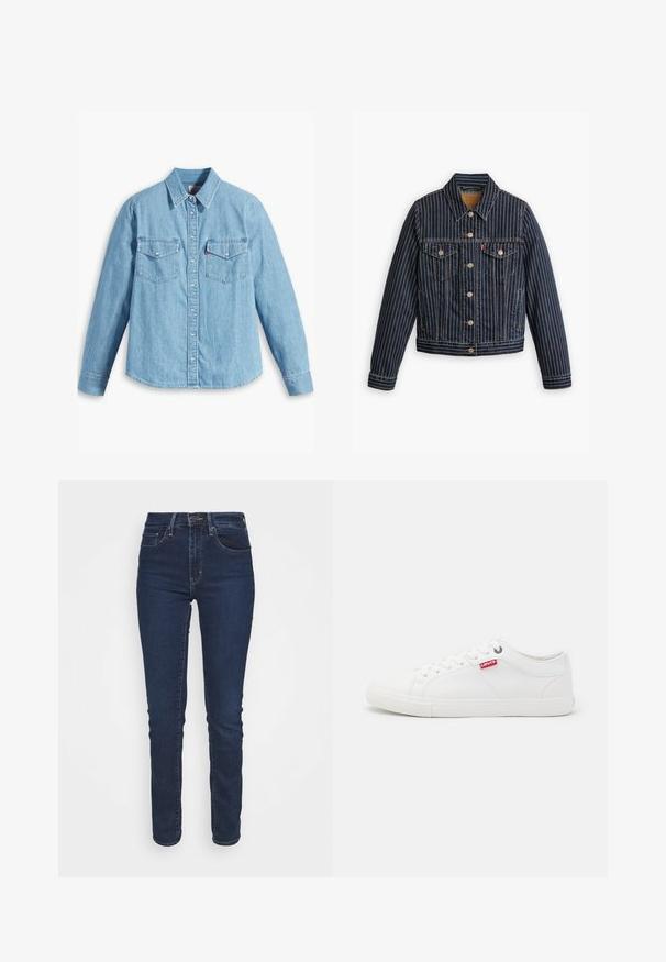 Blauwe denimjack met witte verticale strepen, knoopsluiting aan de voorkant, twee borstzakken en een kraag. Stiksels zichtbaar langs de naden.; Lichtblauwe spijker blouse met lange mouwen, puntige kraag, twee borstzakken, knoopsluiting en subtiele textuur. Geen zichtbare patronen.; Donkerblauwe denim jeans met een slim fit, medium hoge taille, voorzakken en een ritssluiting. De stof heeft een gladde textuur.; Levi's® WOODS - Sneakers laag - brilliant white