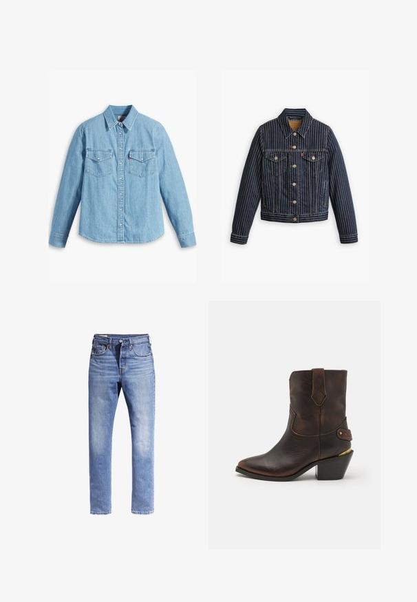 Blå denimjakke med hvide lodrette striber, knapfront, to brystlommer og en krave. Syninger synlige langs sømmene.; Lyseblå denimskjorte med lange ærmer, spidse krave, to brystlommer, knaplukning og subtil tekstur. Ingen synlige mønstre.; Lysblå denimjeans med lige ben-design, fem lommer og kontrastsyninger. Stoffet ser let slidstært ud.; Brune læder cowboystøvle med spids tå og stablet hæl. Har et dekorativt diamantmønster og en rem med hardware-detajle.