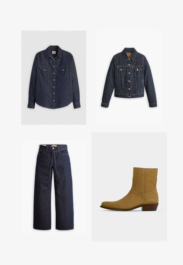 Blå denimjakke med hvide lodrette striber, knapfront, to brystlommer og en krave. Syninger synlige langs sømmene.; Mørkeblå denimskjorte med lange ærmer, knaplukning fortil, to brystlommer med klapper og kontrasterende gule sømme.; Bredde ben mørkeblå denim jeans med høj talje, der har snoretræk, fem lommer og kontrastsyet detaljer.; Tan ruskind ankelstøvle med lav stablet træhæl og spids tå, vist fra venstre side på hvid baggrund.
